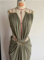 Halter Neck Chain Strap Cut Out Draped Maxi Dress