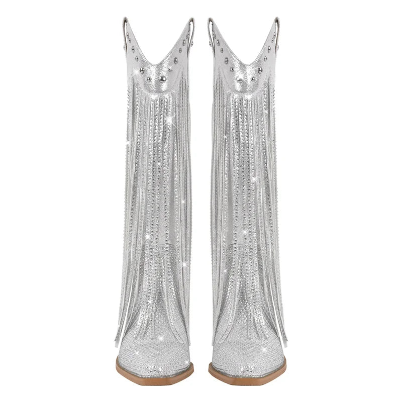 Back view of silver rhinestone fringe block heel western boots