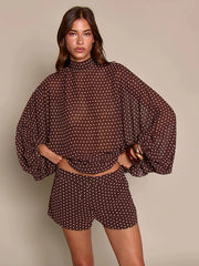 Polka Dot Sheer Turtleneck Top and Shorts Set
