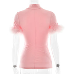 Mock Neck Feather Trim Sleeve Top