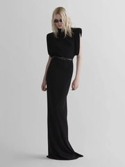 Black turtleneck padded shoulder maxi dress front view