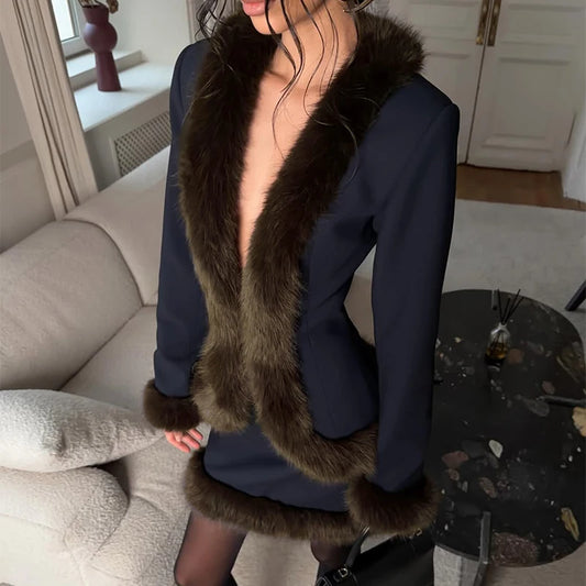 Fur trim v-neck jacket and mini skirt set