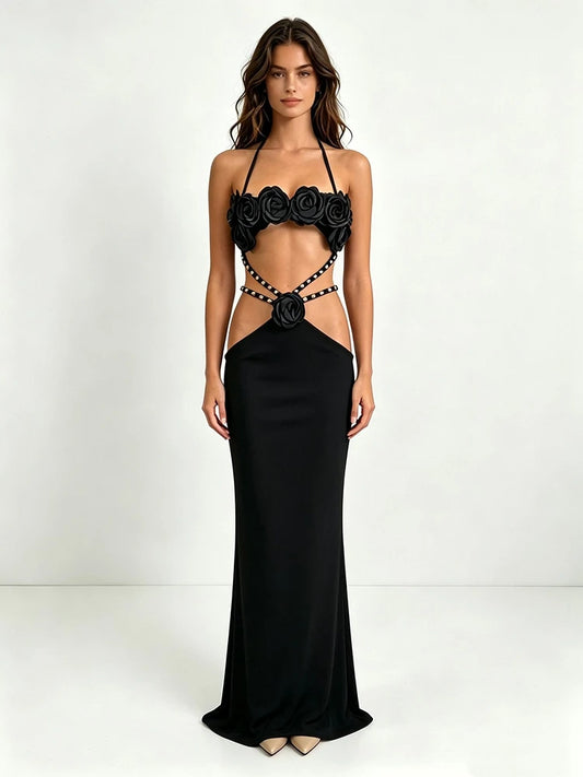 Halter neck floral maxi dress front view
