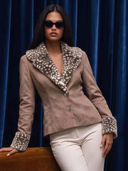 Brown animal print fur trim jacket