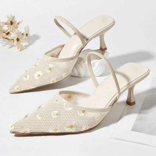 Daisy embroidered mesh slingback heels in beige