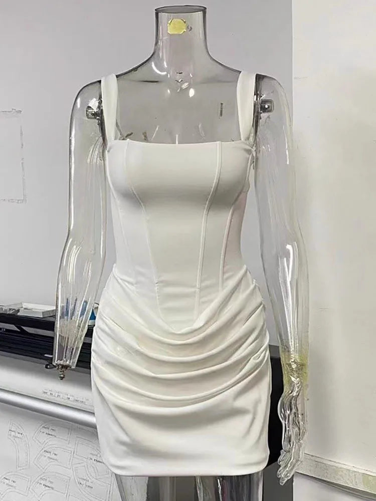 White dress on a transparent mannequin - ruched detailing