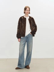 Beaded Brown Faux Fur Bomber Jacket