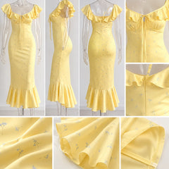 Yellow Floral Ruffle Off-Shoulder Midi Dress
