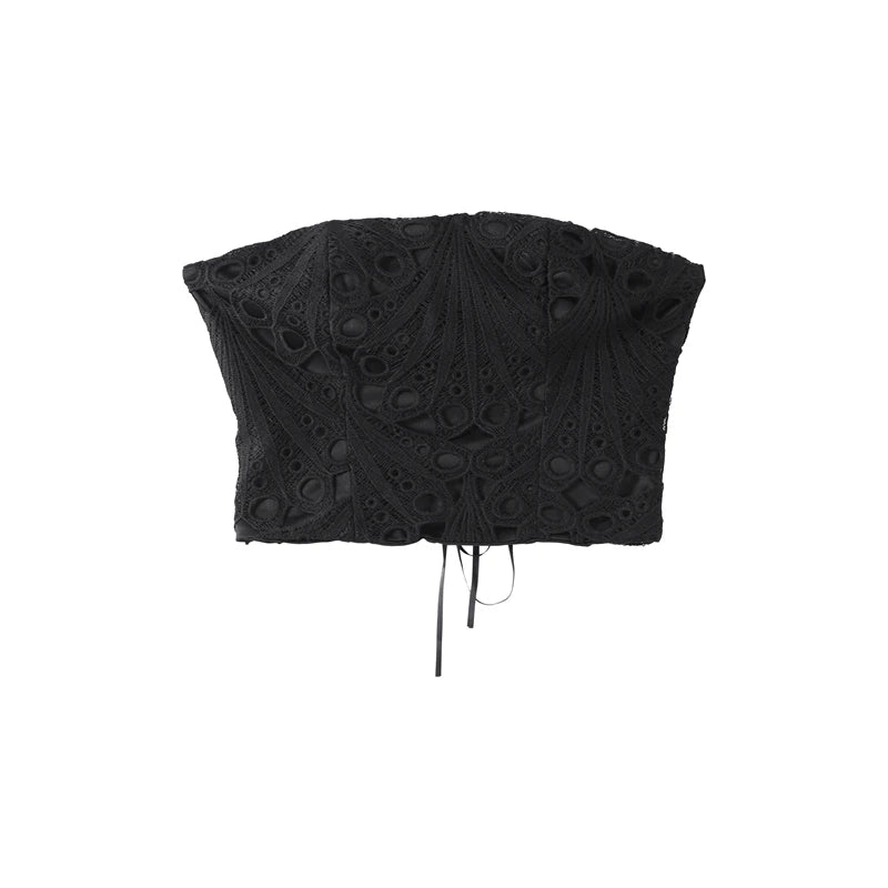 Black lace crop top on a white background