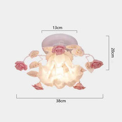 Ceiling light fixture with floral design and measurements on a white background