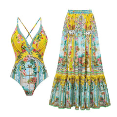 Yellow Print Ruffle Strap Swimwear Set