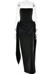 Strapless Draped Metal Ring Waist Dress
