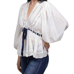 Puff Sleeve Lace Trim Peplum Top
