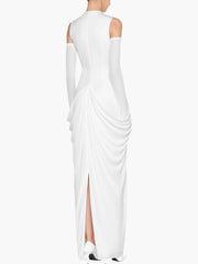 Round Neck Metal Buckle Cut Out Sleeve Drape Maxi Dress