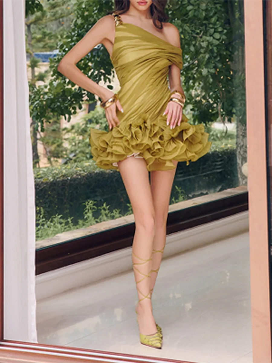 Asymmetrical ruffle mini dress with draped neckline.