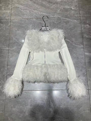 Faux Fur Trimmed Knit Zip Front Top