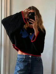 Black contrast jacquard loose fit sweater