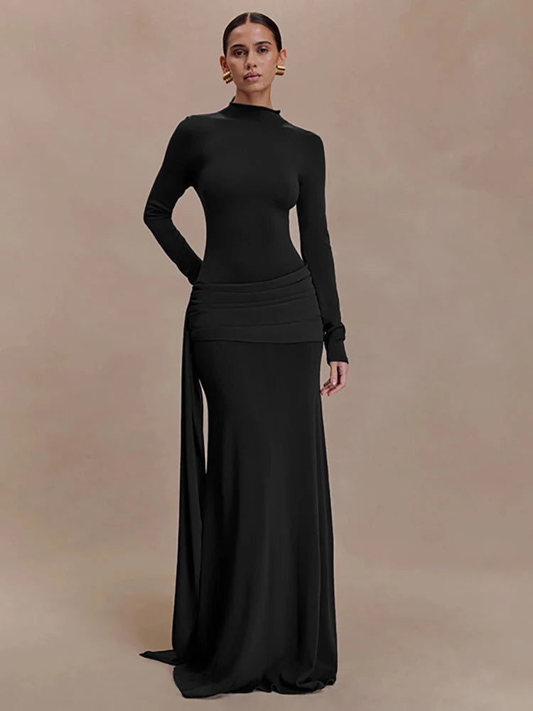 Black turtleneck draped maxi dress