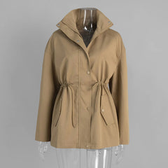 Drawstring Waist Standing Collar Trench Coat