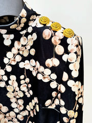 Velvet Beaded Berry Print Mock Neck Dress