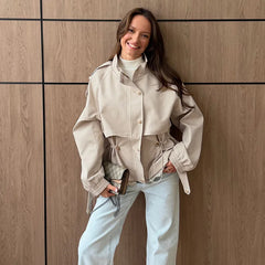 Beige lace trim peplum utility jacket