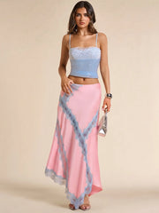 Satin Lace Patchwork Maxi Skirt