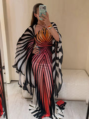 Patchwork halter neck batwing sleeve dress detail