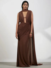 Brown draped halter neck folds gown, front view