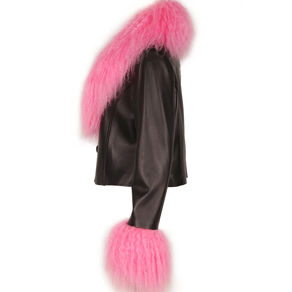 Black leather jacket with pink fur trim 