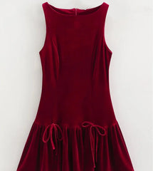 Velvet Bow Burgundy Short Dress