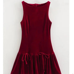 Velvet Bow Burgundy Short Dress