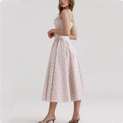 Flower Print Elastic Strap Round Neck Low Waist Hem Swing Midi Dress. Golden Atelier 2