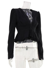Satin Cropped V-Neck Long Sleeve Peplum Top