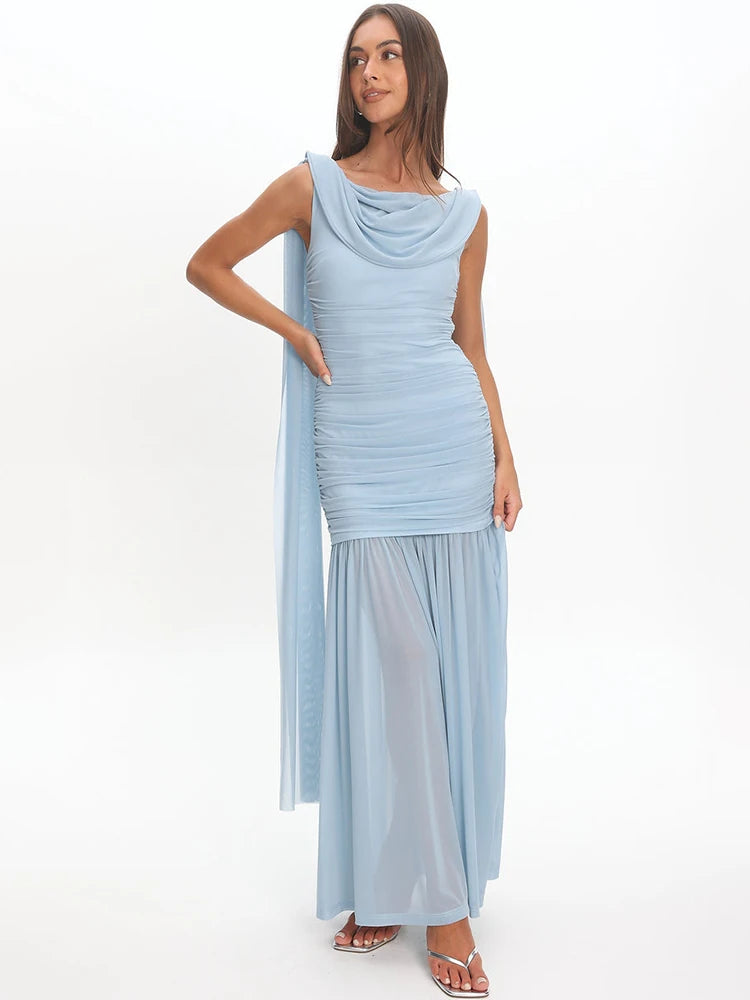 Light blue draped cowl neck mesh maxi dress