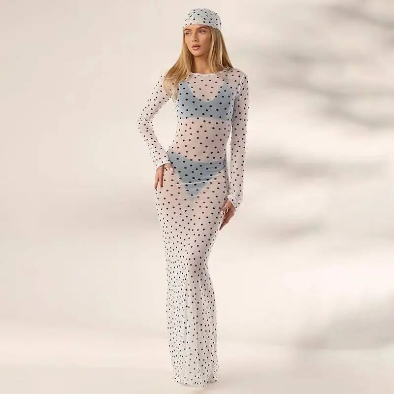 Sheer polka dot mesh maxi dress with long sleeves