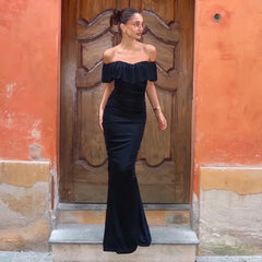Bardot neck floor length dress with ruched waist detail