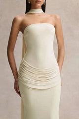 Strapless Choker Neck Gathered Waist Maxi Dress