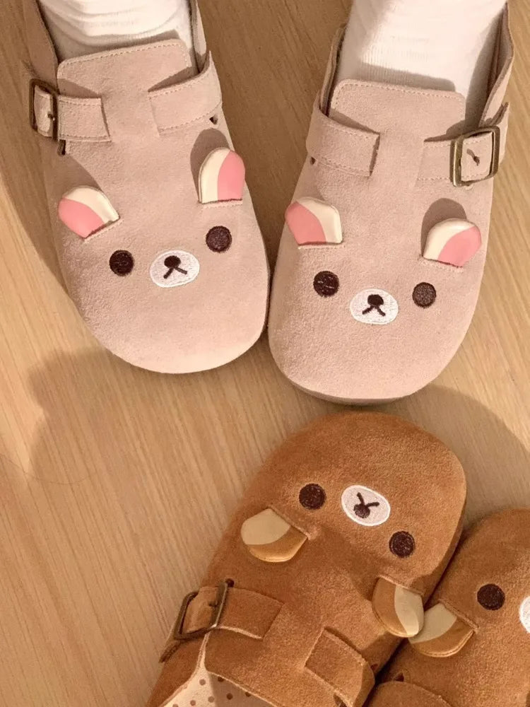 Apricot cartoon bear flannel slip-on slippers close-up