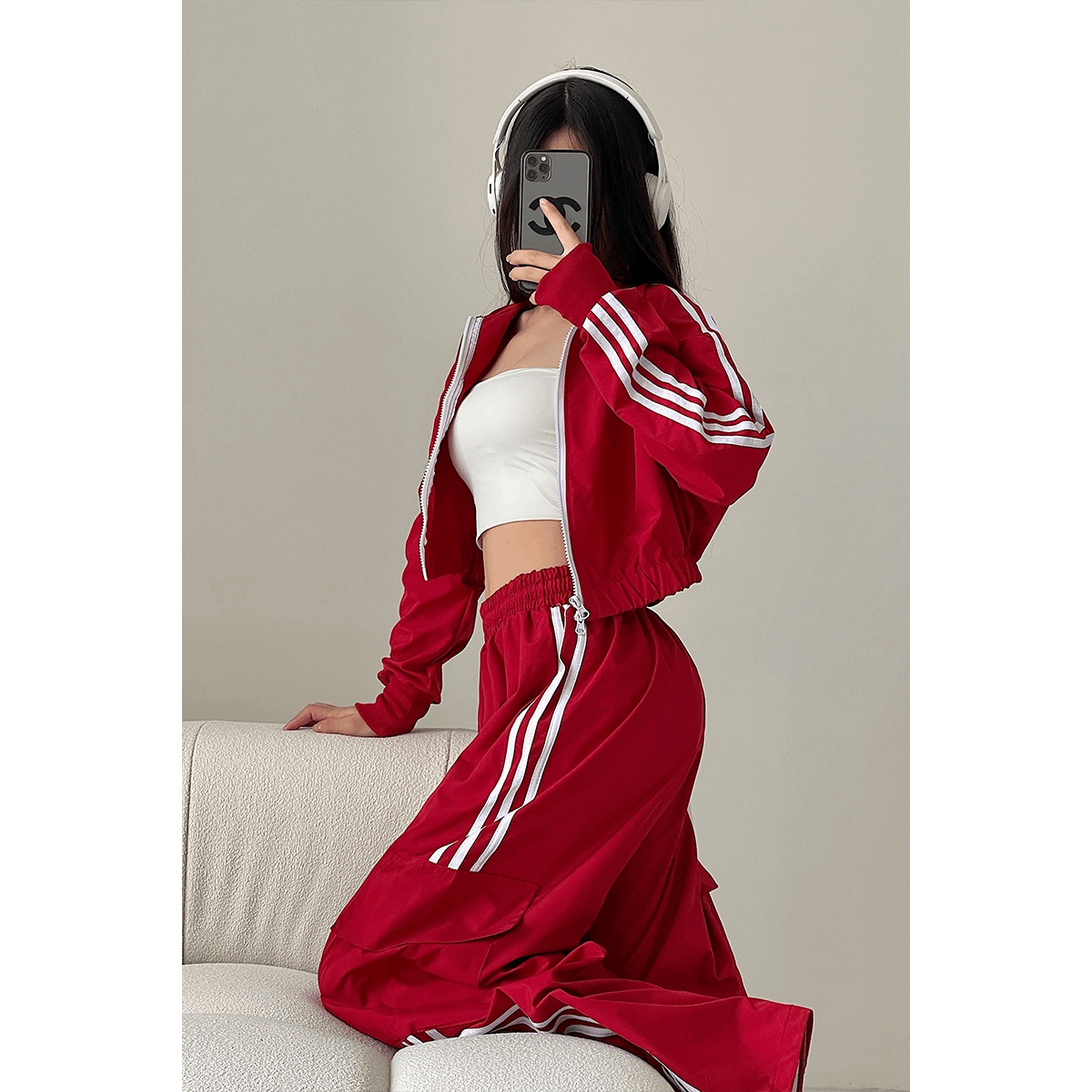Striped Tracksuit Loose Red Joggers Sports Trouser Set