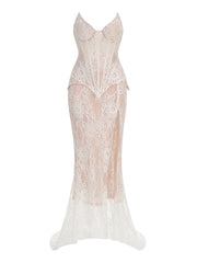 White Lace Corset Top and Maxi Skirt Set