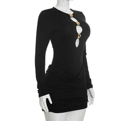 Metal Button Cut Out Long Sleeve Dress