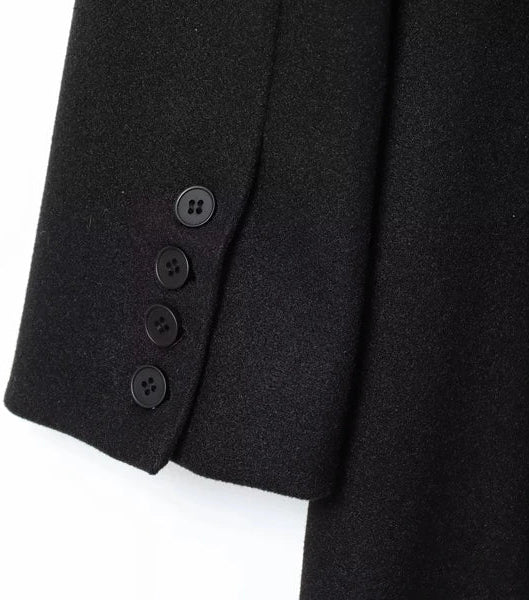 Close-up of a black coat with buttons on a white background