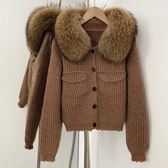 Fur Trimmed Ribbed Knit Jacket