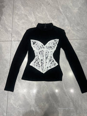 Turtleneck Black Long Sleeve Top with White Corset Design