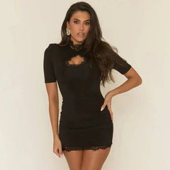 Mock Neck Lace Hollow Out Trim Mini Dress