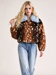 Faux Fur Deer Print Collar Jacket