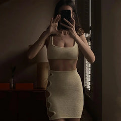 Selfie of person wearing a ribbed knit crop top and skirt set