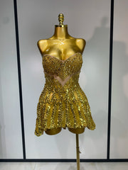 Strapless sequined diamond embellished mini dress front view