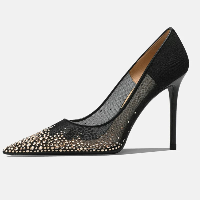 Black rhinestone mesh stiletto pump
