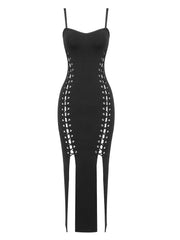 Women's Side Cut Lace up Corset Black Long Dress